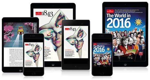 6 mobile devices lined up with magazine covers on each screen