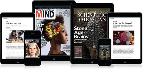 6 mobile devices lined up with magazine covers and stories on each screen