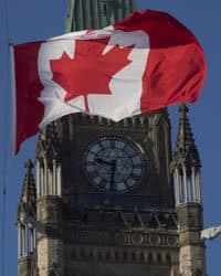 Canadian flag waving in the wind near parliament building.