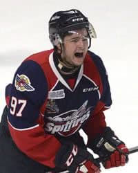 Windsor Spitfires right wing Jeremy Bracco celebrates his goal againstt the Erie Otters during first period Memorial Cup final hockey action in Windsor, Ontario..