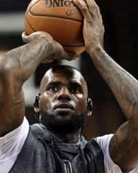 LeBron James shooting from the free throw line.