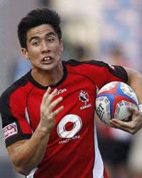 Canada's Sean Duke runs for a try during a USA Sevens rugby match against Australia in Las Vegas.