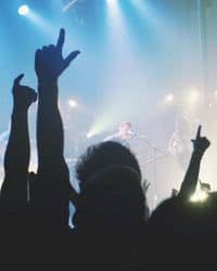 Silhouette of hands raised at a rock concert.