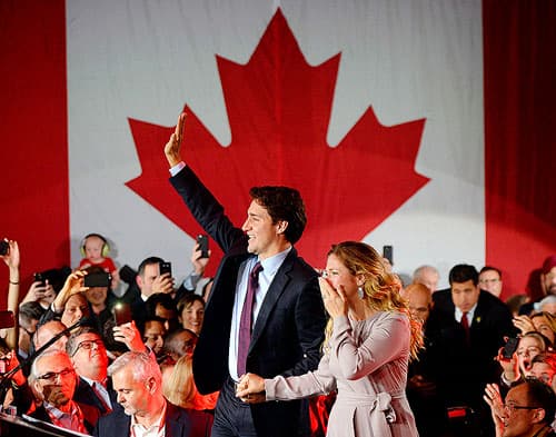 Justin Trudeau and Sophie Gregoire celebrating election win.