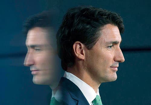 Headshot of Justin Trudeau facing right with a blurry mirror image facing left