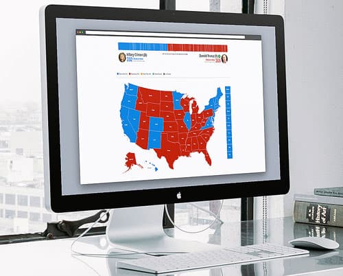 Map of the United States displayed on a computer monitor with parts of the map colored red and blue.