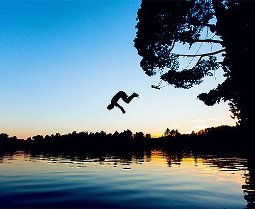 Silhouette of someone in midair as they swing from a tree into a lake.
