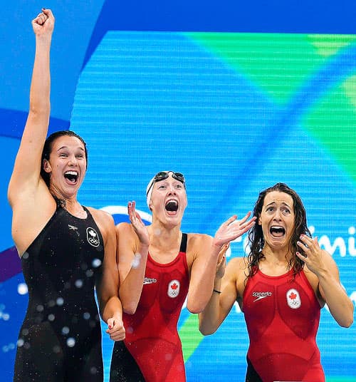 The Canadian women's 4x100-metre freestyle relay team celebrates their bronze medal finish at the 2016 Summer Olympics, in Rio de Janeiro