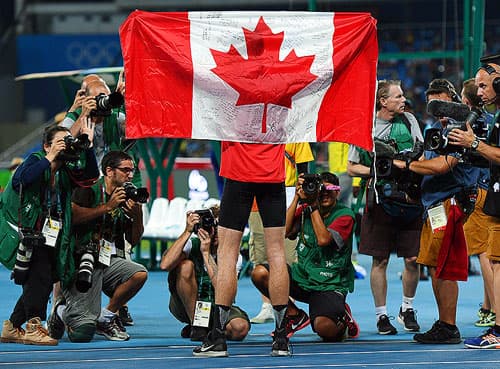 Canada's Derek Drouin celebrates gold in the men's high jump during the 2016 Olympic Summer Games in Rio de Janeiro